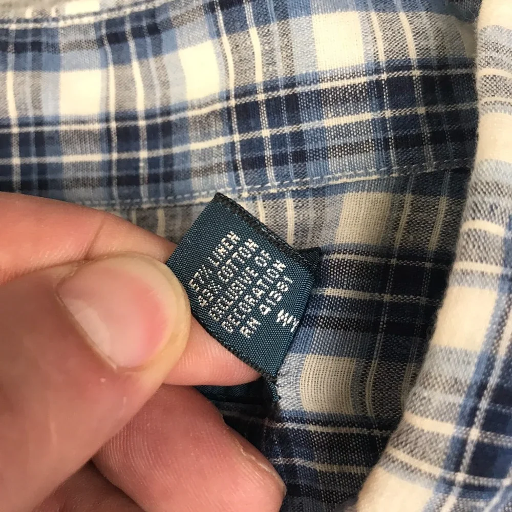 Polo Ralph Lauren Shirt Men L Blue Plaid Linen Cotton Blend Button Up Pockets